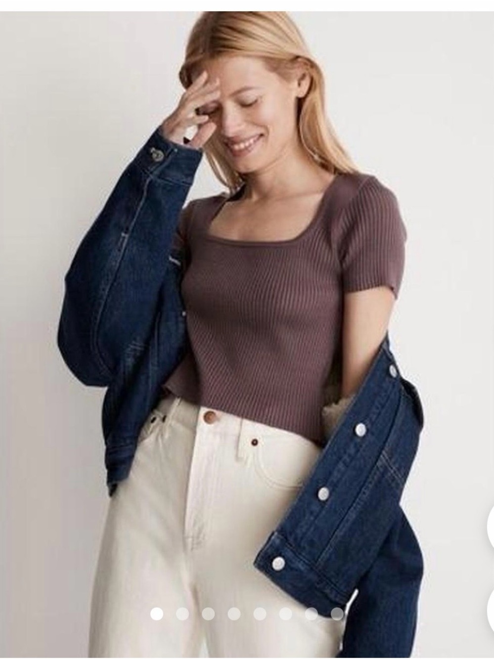 Madewell Ribbed Square Neck Short Sleeve Top in Mauve
